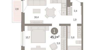 1-к. квартира, 45 м²