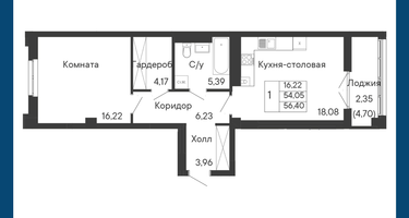 1-к. квартира, 56 м²