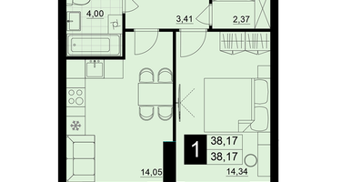 1-к. квартира, 38&nbsp;м²