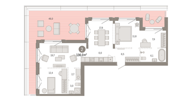 1-к. квартира, 135&nbsp;м²