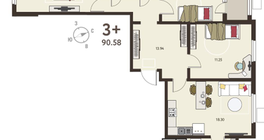 3-к. квартира, 88 м²