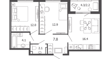 2-к. квартира, 57&nbsp;м²