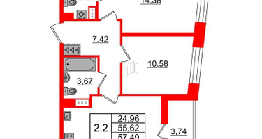 2-к. квартира, 55&nbsp;м²