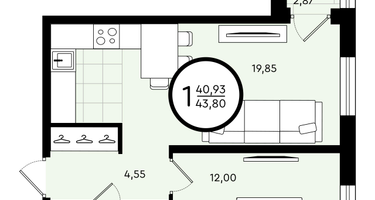 1-к. квартира, 43&nbsp;м²