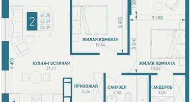 2-к. квартира, 58&nbsp;м²