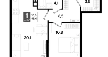 1-к. квартира, 45 м²