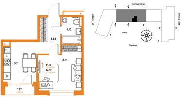 1-к. квартира, 34&nbsp;м²