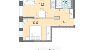 1-к. квартира, 34 м²