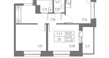 2-к. квартира, 44&nbsp;м²