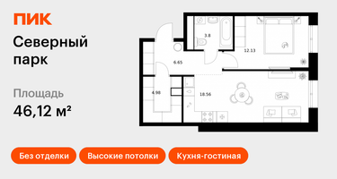 1-к. квартира, 46&nbsp;м²