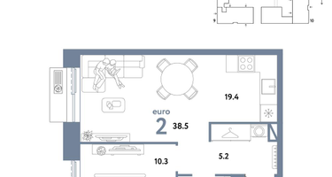 2-к. квартира, 38&nbsp;м²