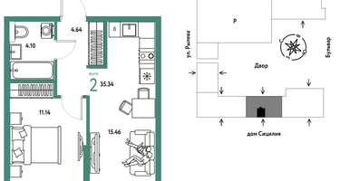 2-к. квартира, 35 м²