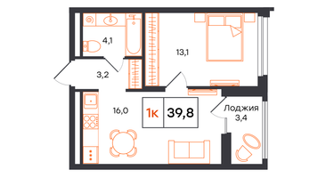 1-к. квартира, 39&nbsp;м²