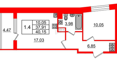 1-к. квартира, 37&nbsp;м²