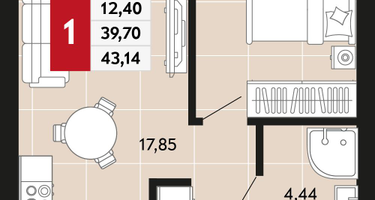 1-к. квартира, 43&nbsp;м²