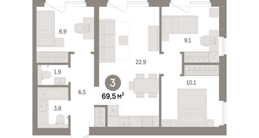 3-к. квартира, 69&nbsp;м²