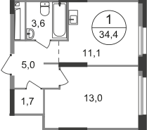 1-к. квартира, 34&nbsp;м²