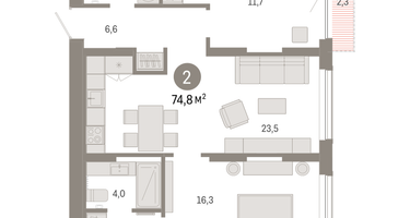 2-к. квартира, 74&nbsp;м²