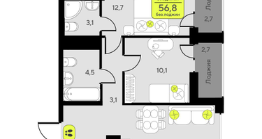 2-к. квартира, 56&nbsp;м²