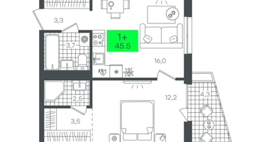 1-к. квартира, 45&nbsp;м²