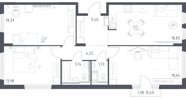 3-к. квартира, 83&nbsp;м²