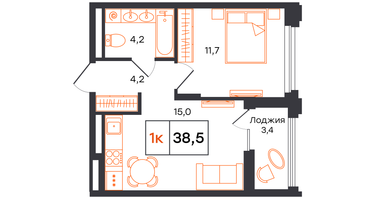 1-к. квартира, 38 м²