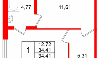 1-к. квартира, 34&nbsp;м²