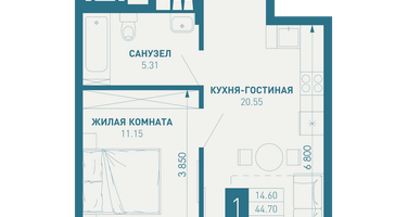 1-к. квартира, 46&nbsp;м²