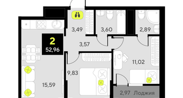 2-к. квартира, 52 м²