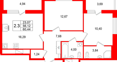 2-к. квартира, 56&nbsp;м²