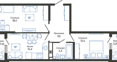 2-к. квартира, 62&nbsp;м²