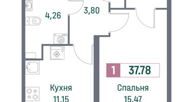 1-к. квартира, 37&nbsp;м²