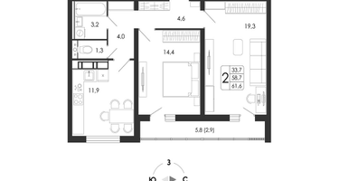 2-к. квартира, 61&nbsp;м²