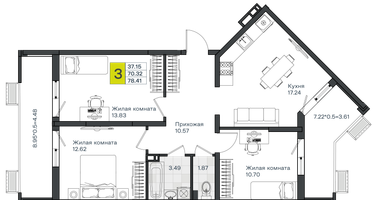 3-к. квартира, 78 м²