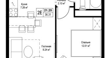 2-к. квартира, 36&nbsp;м²
