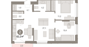 2-к. квартира, 63 м²