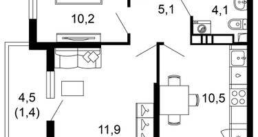 2-к. квартира, 44&nbsp;м²