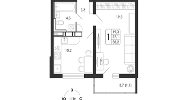 1-к. квартира, 38&nbsp;м²
