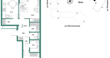 2-к. квартира, 63 м²