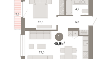 1-к. квартира, 45 м²