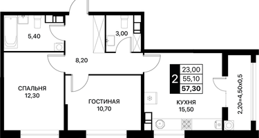 2-к. квартира, 57&nbsp;м²