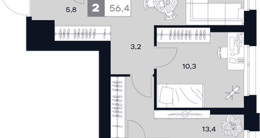 2-к. квартира, 56 м²