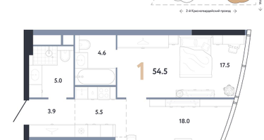 1-к. квартира, 54&nbsp;м²