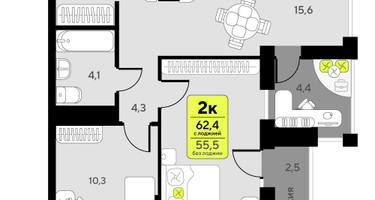2-к. квартира, 62 м²