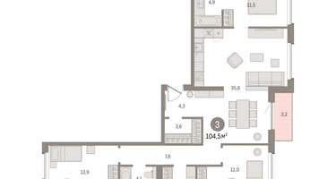 3-к. квартира, 104 м²