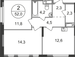2-к. квартира, 52&nbsp;м²