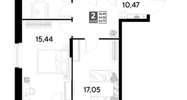 2-к. квартира, 66&nbsp;м²