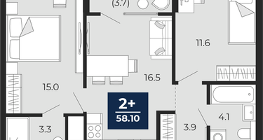 2-к. квартира, 58 м²
