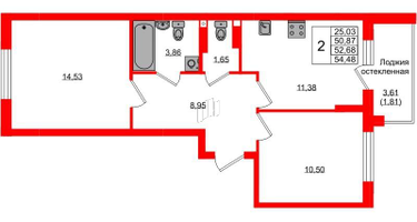 2-к. квартира, 52&nbsp;м²