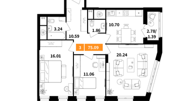 3-к. квартира, 75 м²